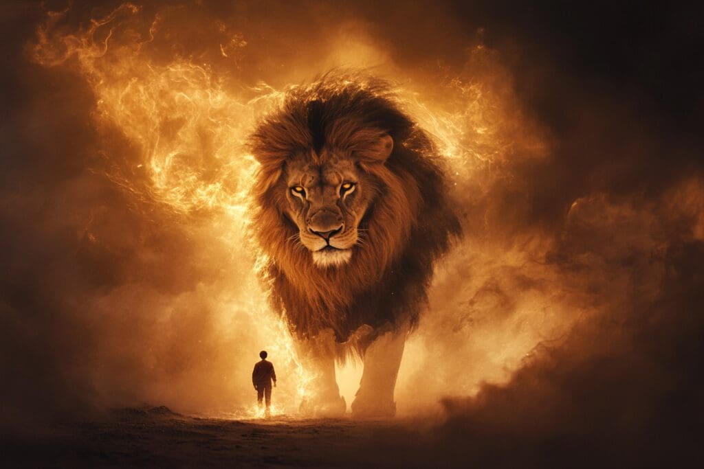 Majestic lion walking beside silhouetted person.