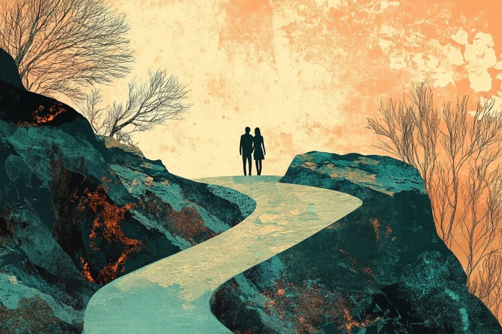 Couple walking on winding mountain path artwork