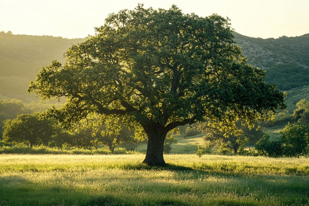 Majestic oak tree in sunlit meadow landscape.