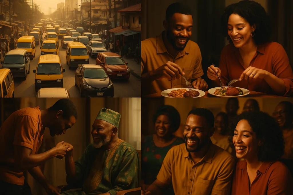 Composite image: Top left depicts a busy street full of yellow cabs; other two panels show a man and woman enjoying a meal and laughing together.