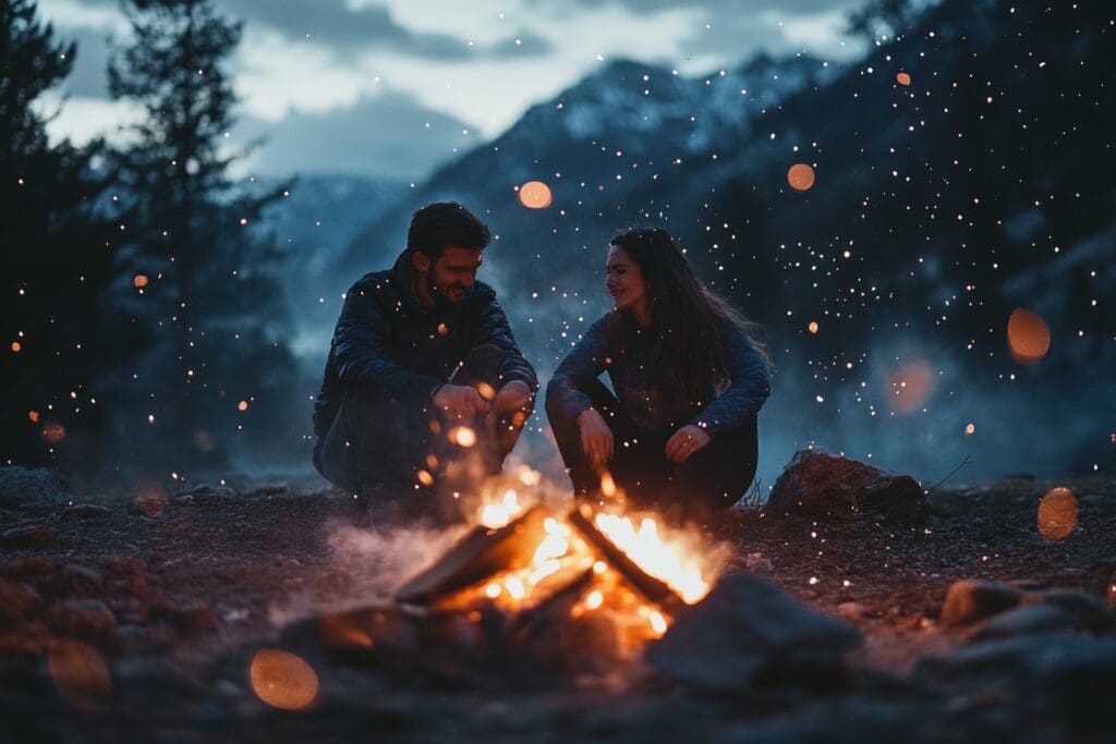 A couple sits together by a crackling campfire at night, with mountains silhouetted in the background and sparks rising into the air.