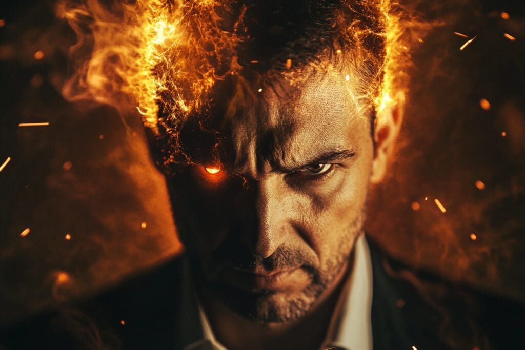 Dramatic portrait of a man looking intensely forward, with his hair depicted as flames and sparks flying against a dark background. Sources and related content