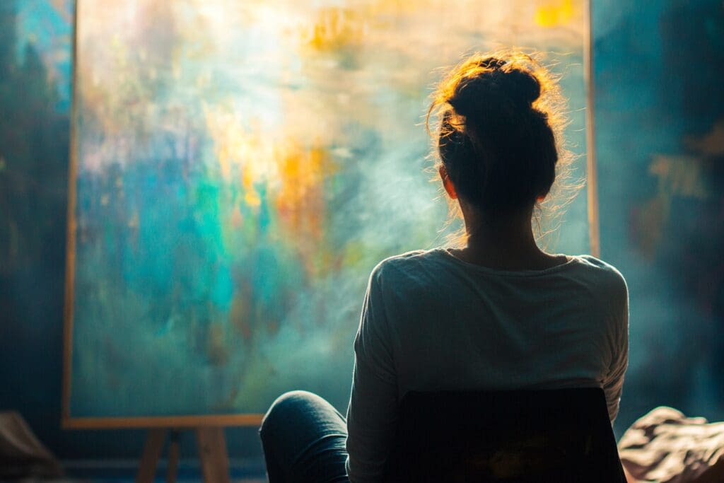 Artist contemplating colorful abstract painting in studio