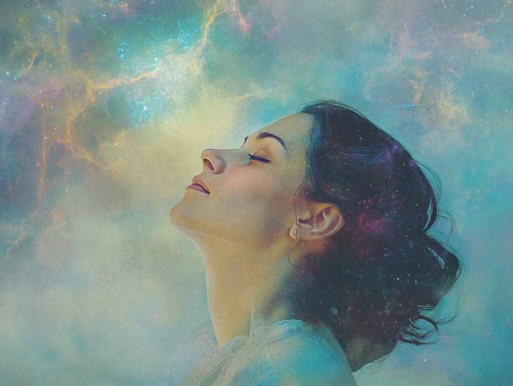 Peaceful woman dreaming in serene magical atmosphere