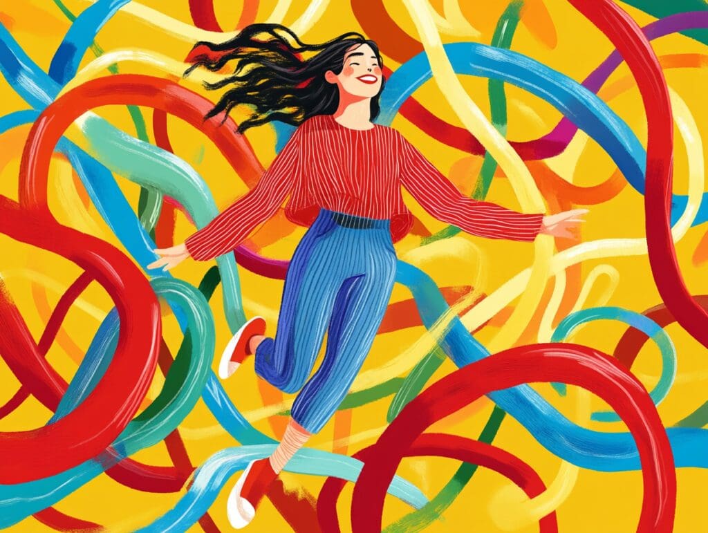 Joyful woman surrounded by colorful swirls illustration