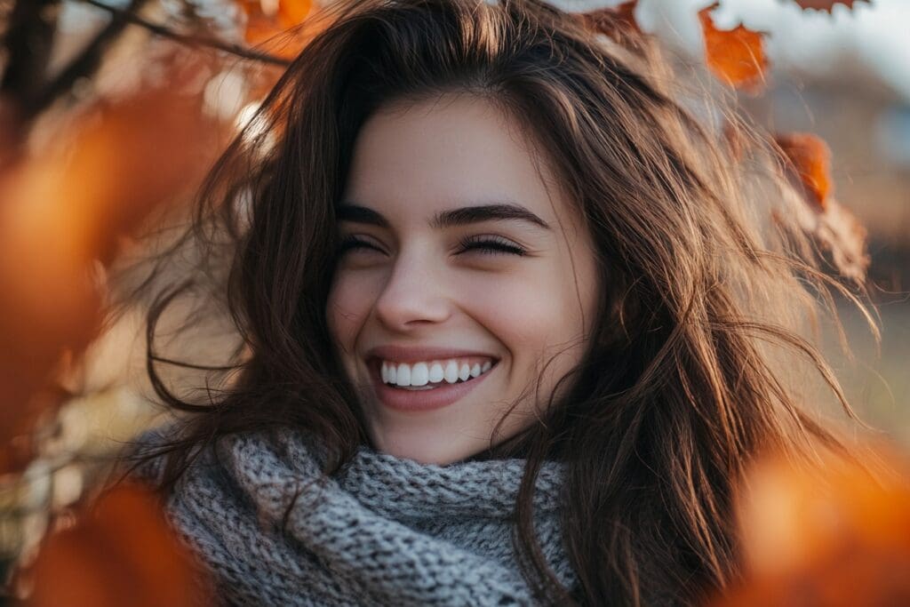 Smiling woman surrounded by autumn leaves outdoors