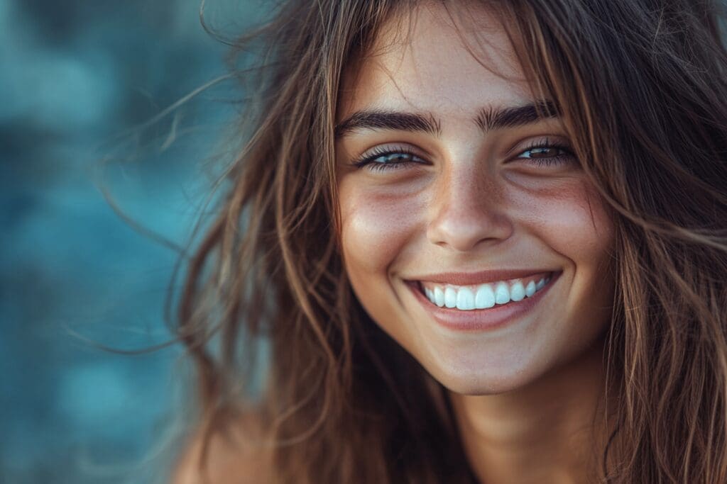 Smiling woman with long brown hair outdoors