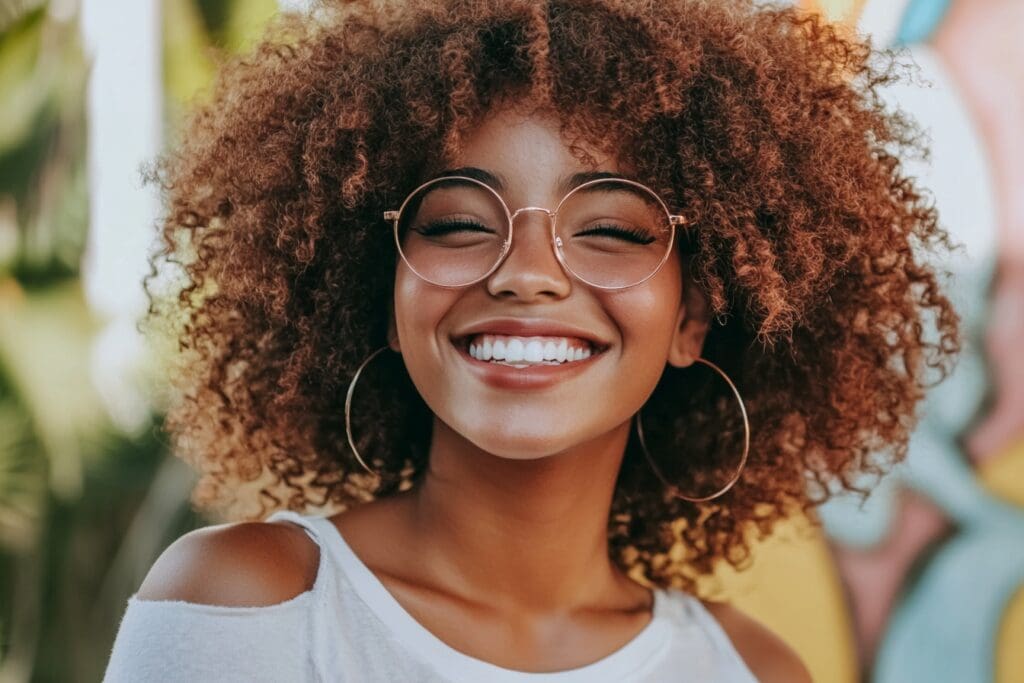 Smiling woman with curly hair and glasses