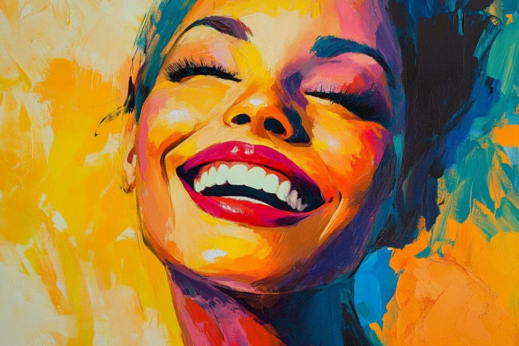 Colorful portrait of a smiling woman painting