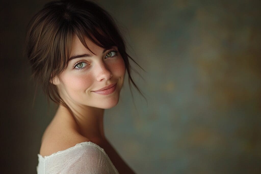 Smiling woman with long brown hair portrait