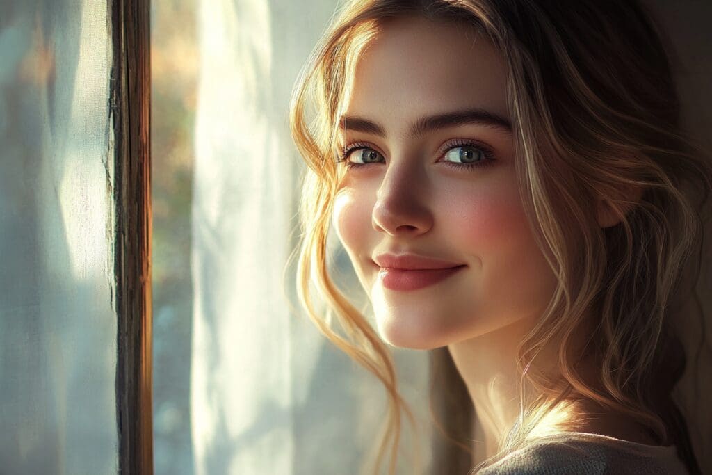 Smiling woman by sunny window soft lighting