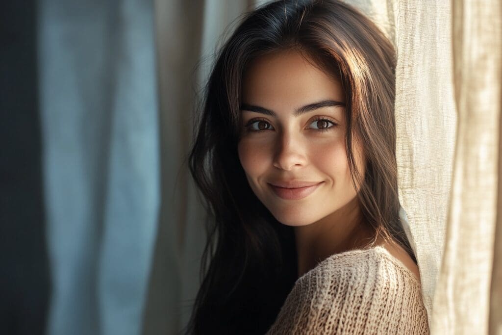 Smiling woman in cozy natural lighting portrait