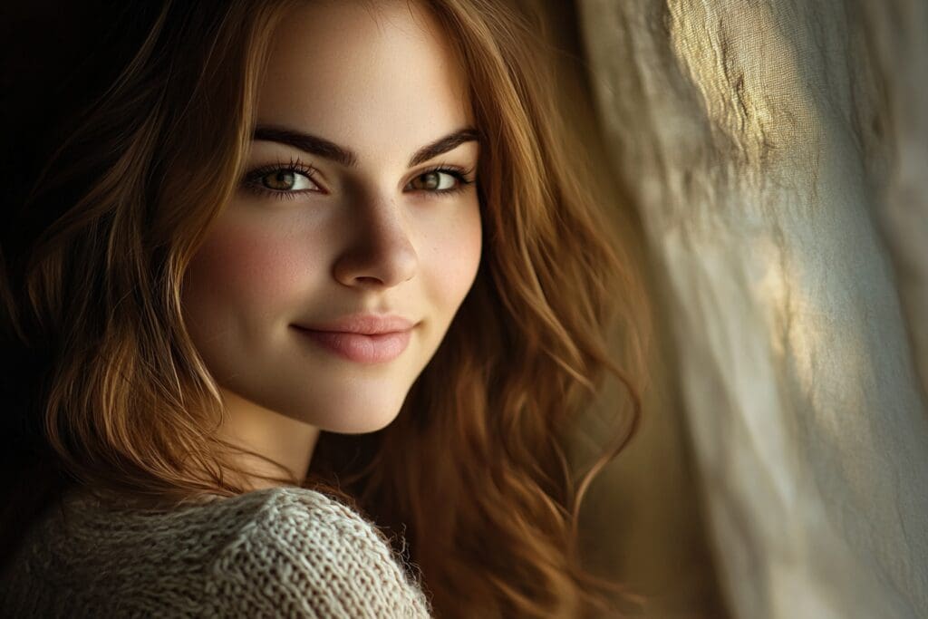 Young woman smiling by a sunny window