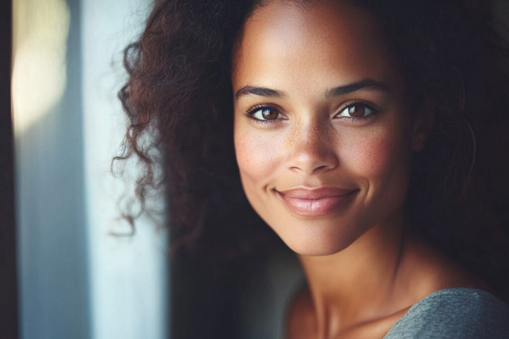 Smiling woman with curly hair near window