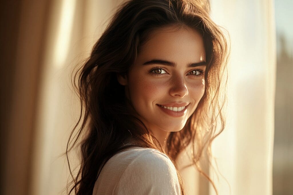 Smiling woman with long hair in sunlight