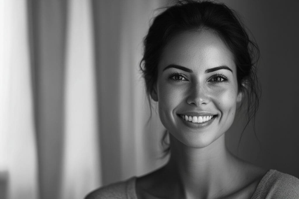 Smiling woman in black and white portrait.