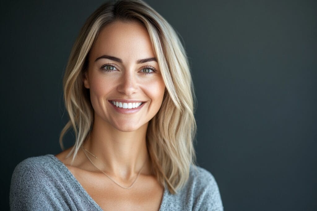 Smiling woman with blonde hair and sweater