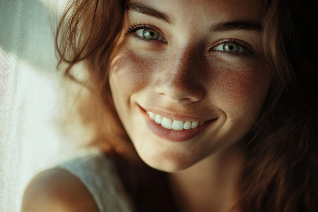 Smiling woman with freckles and bright eyes