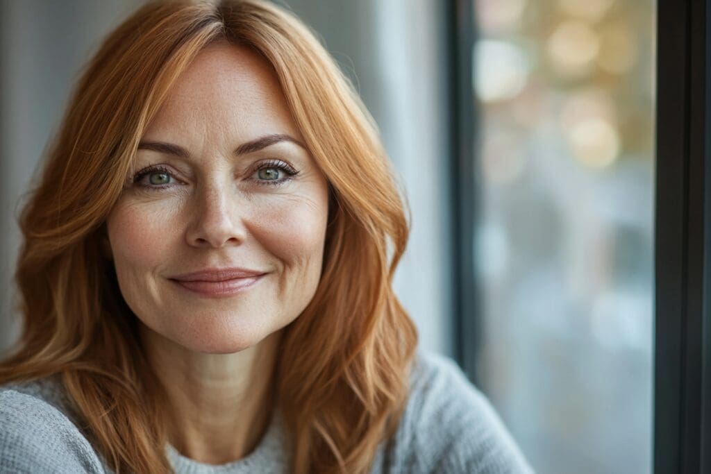 Smiling woman with red hair near window