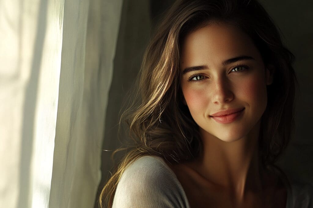 Smiling woman near window with natural light.
