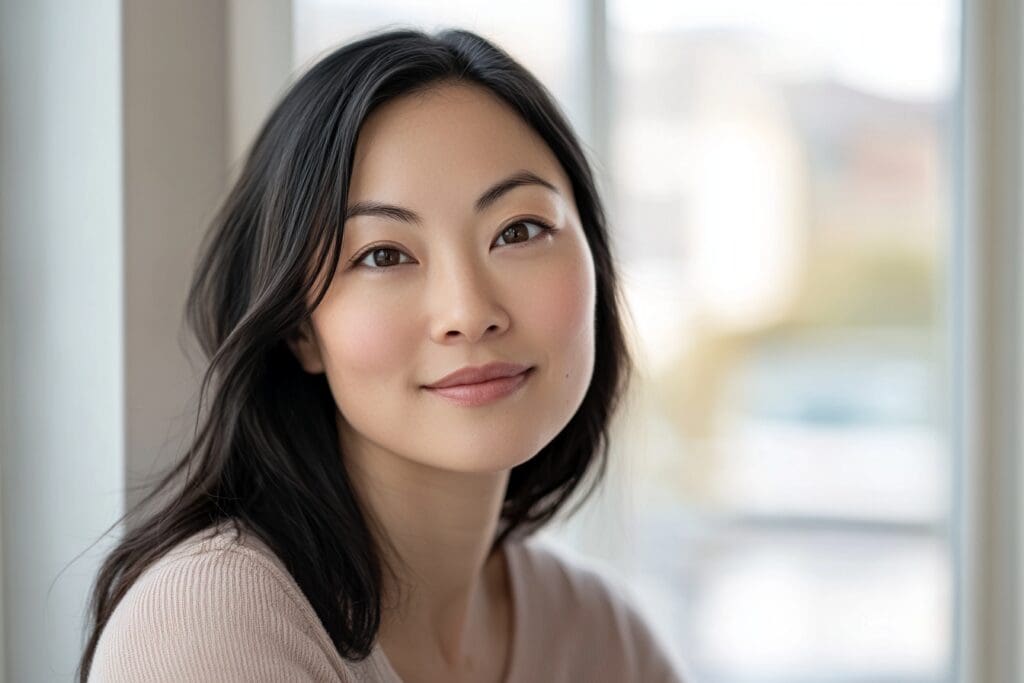 Smiling woman near a bright window.