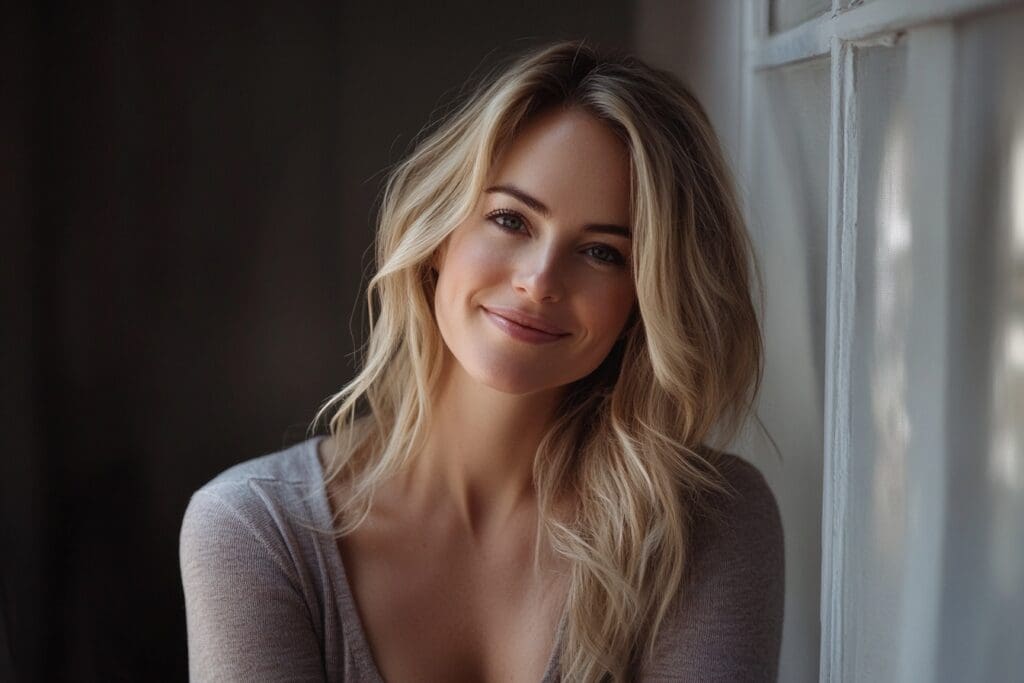 Smiling woman with wavy blonde hair indoors.
