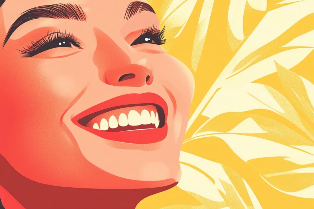 Smiling woman surrounded by yellow abstract leaves.