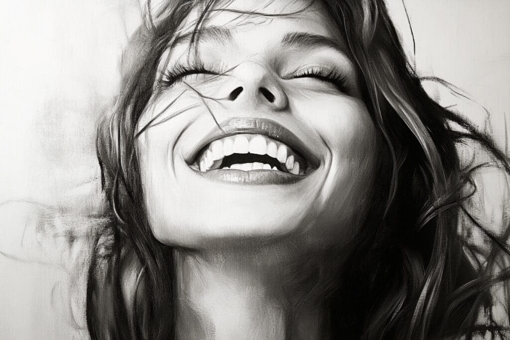 Woman joyfully smiling in monochrome portrait art.
