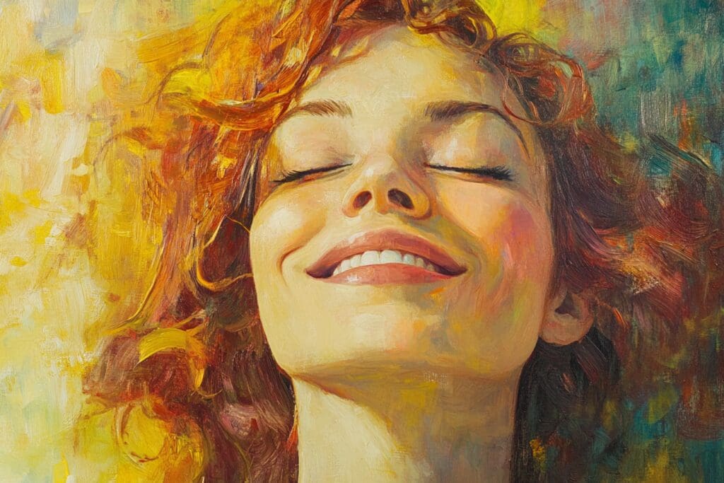 Smiling woman with closed eyes and colorful background