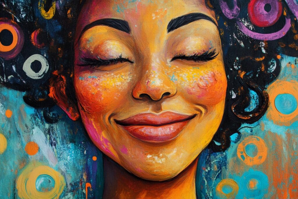 Colorful abstract painting of smiling woman's face