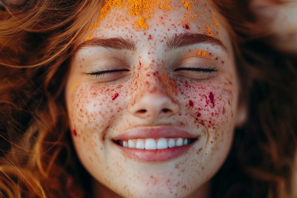 Woman with painted face smiling joyfully outdoors