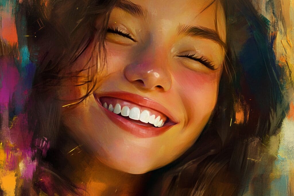 Smiling woman in colorful artistic portrait painting