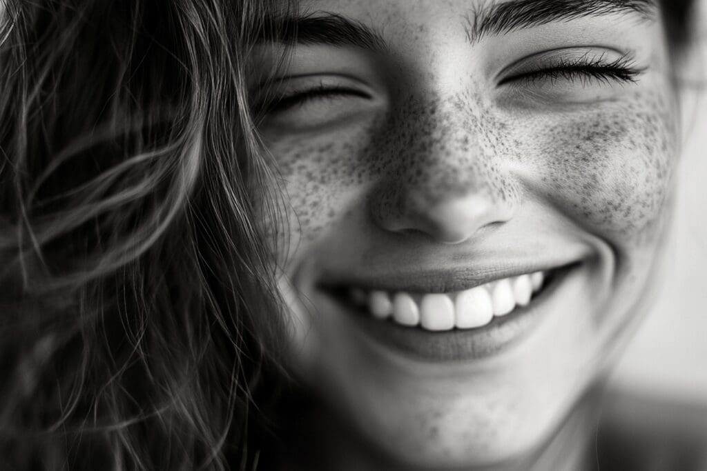Smiling woman with freckles and squinting eyes.