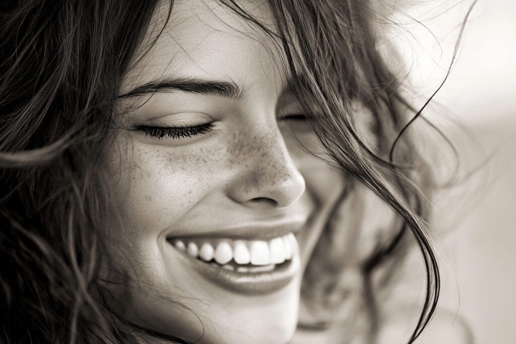 Woman smiling with windblown hair in monochrome