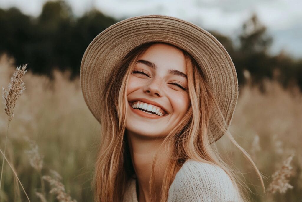 Smiling woman wearing hat in a field