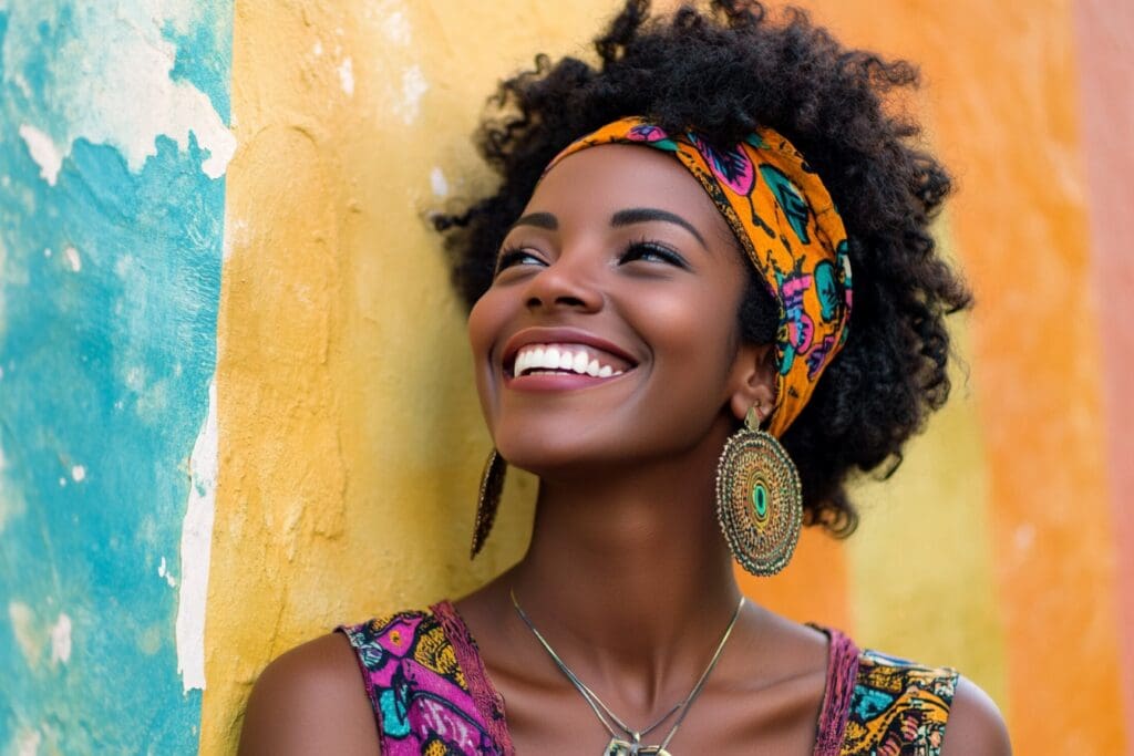 Smiling woman with colorful headscarf and earrings
