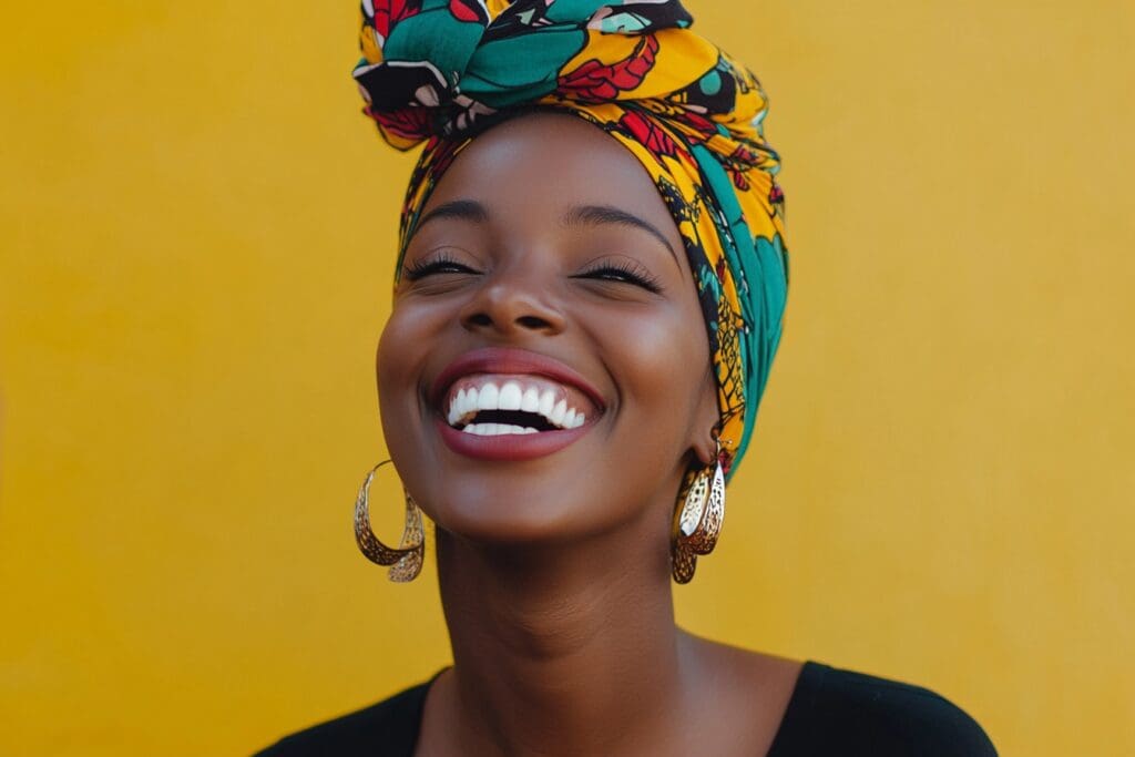 Woman smiling with colorful headwrap and earrings