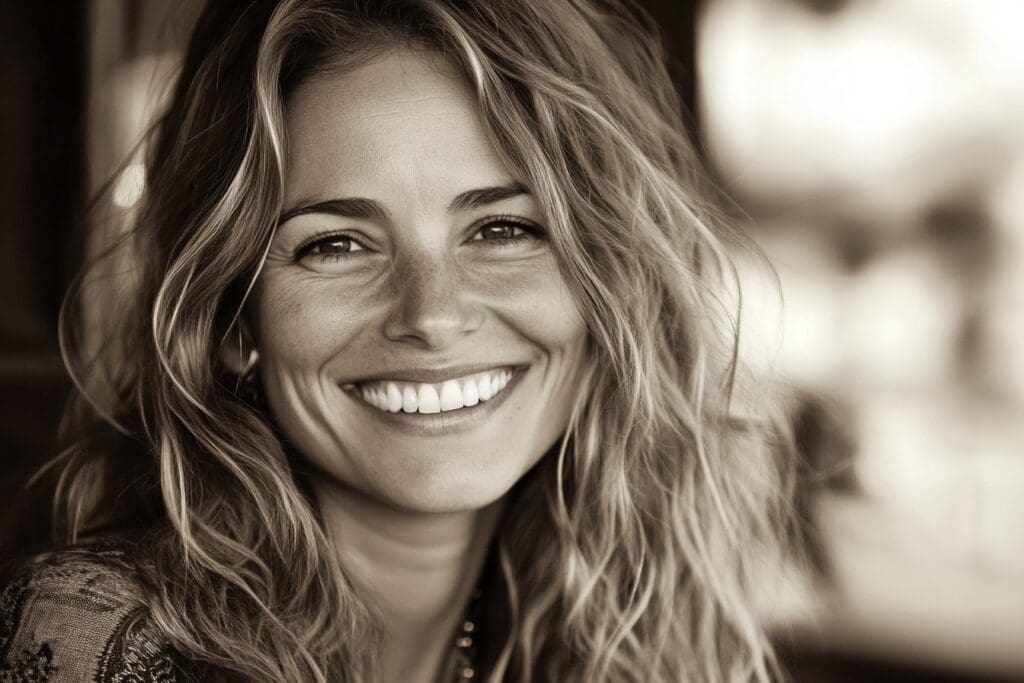 Smiling woman with wavy hair in grayscale.