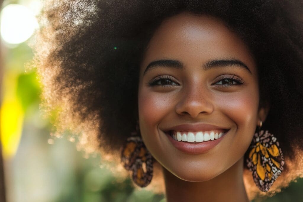 Smiling woman with curly hair and earrings