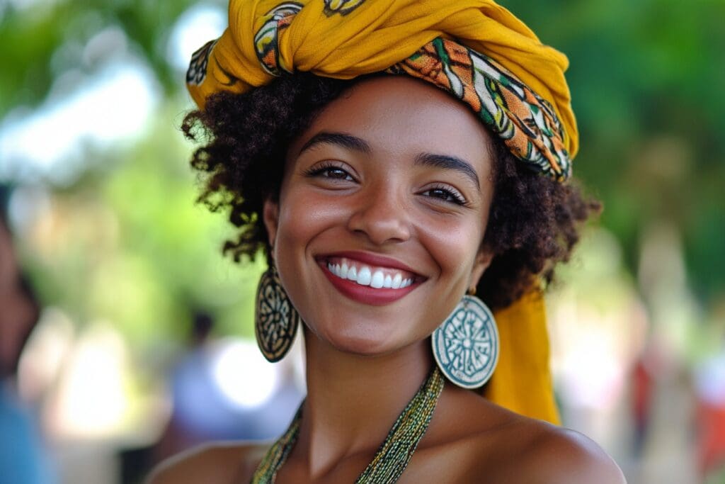 Smiling woman wearing colorful headscarf and earrings