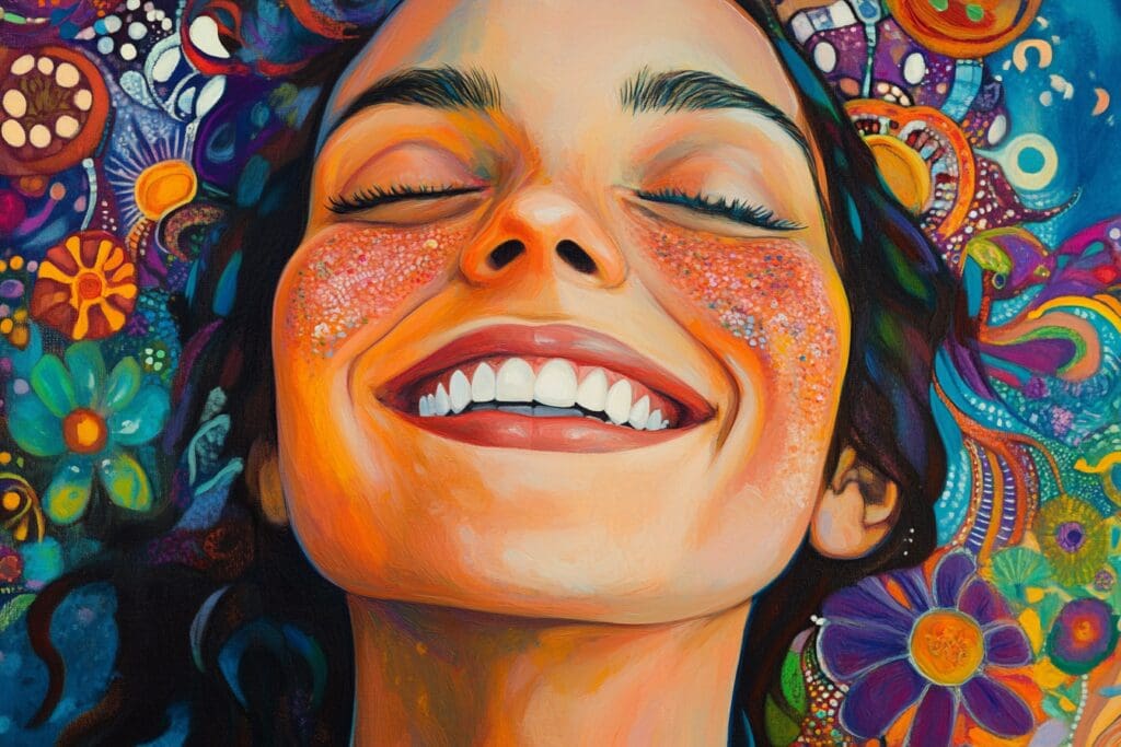 Colorful painting of a woman smiling joyfully