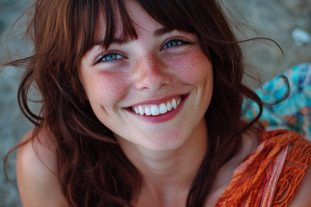 Smiling woman with freckles and brown hair