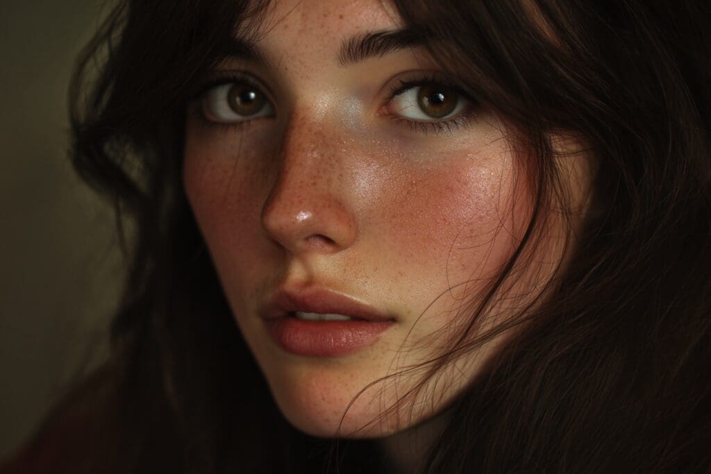 Close-up of person with freckles and brown hair.