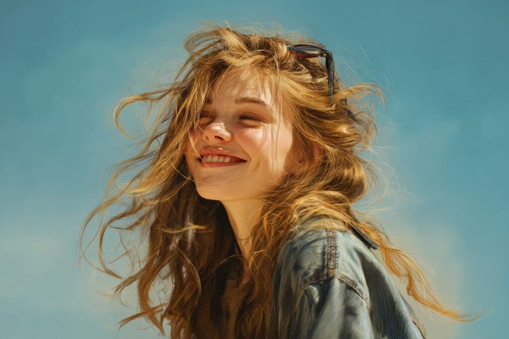 Smiling woman enjoying a sunny day outside.