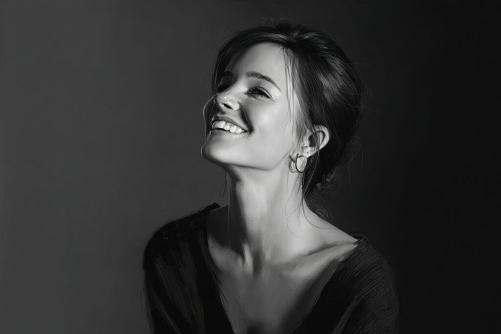 Smiling woman looking upwards in black and white