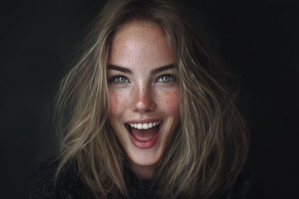 Smiling woman with natural makeup and freckles