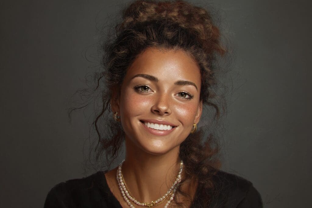 Smiling woman with curly hair portrait.