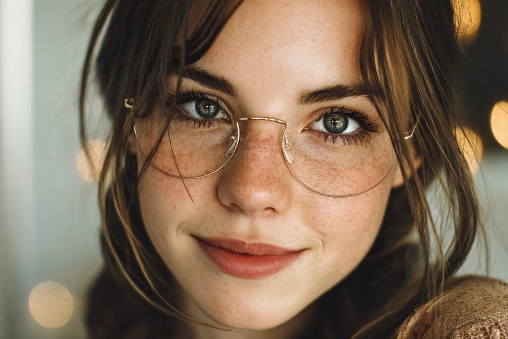 Woman smiling with round glasses and freckles.