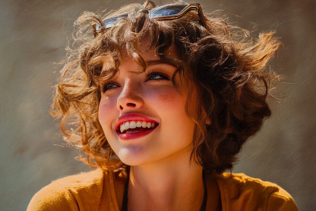 Woman smiling with curly hair and sunglasses.