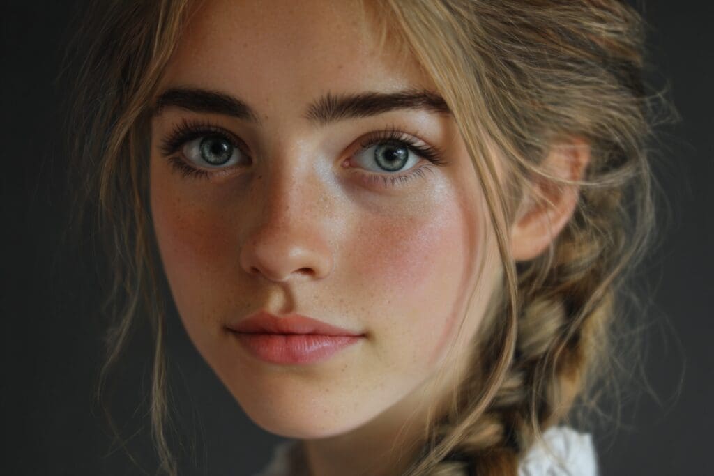 Young woman with braided hair and freckles
